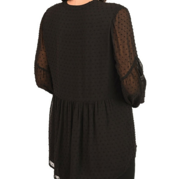 Black Bow Tie Blouse with Polka Sitting and Ruffled Hem - Picture 3 of 6